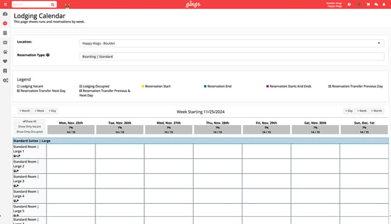 A screenshot of a lodging calendar in Gingr's kennel software.