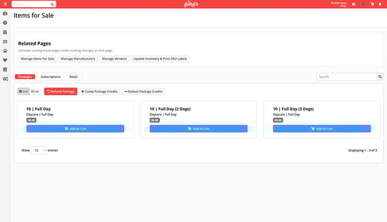 A screenshot of pre-paid packages in Gingr's dog daycare software.