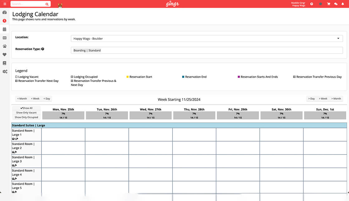 A screenshot of Gingr's pet boarding business software.