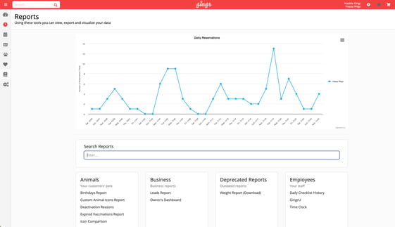 A screenshot of the reporting tools offered in our multi-location pet-care business software.