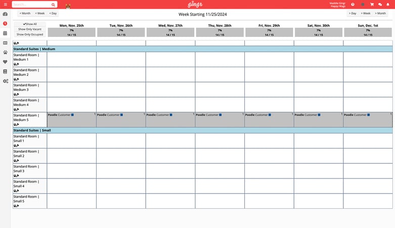 A screenshot of a lodging calendar, included in Gingr's pet business software.