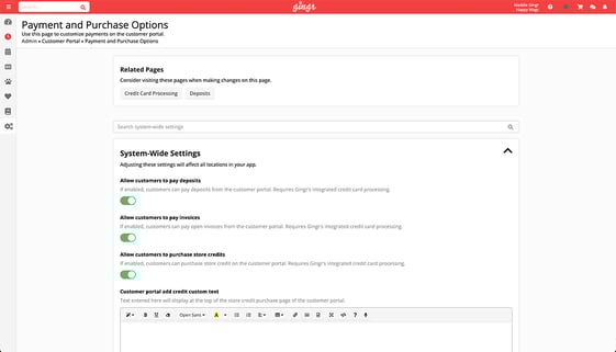 A screenshot of the payment and purchase option settings in our kennel software.