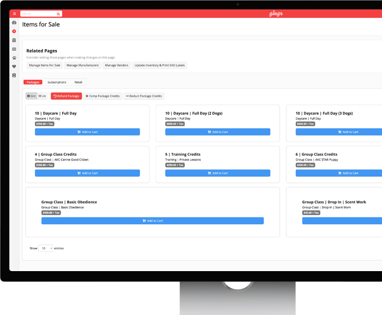 An example of service packages, which you can offer using Gingr's pet business software.